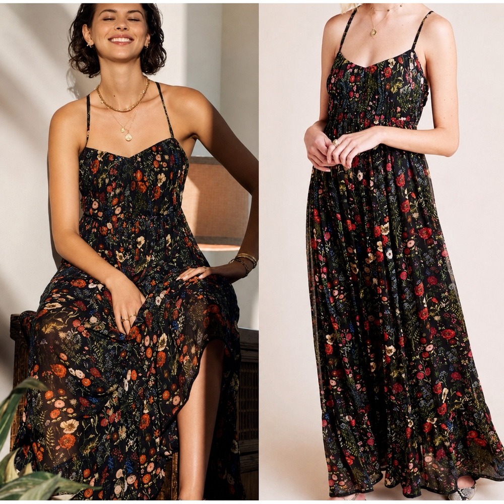 Anthropologie Payal Jain Massima Floral Pleated Maxi Dress Black Small